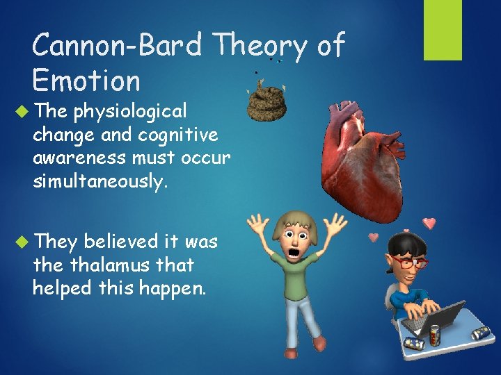 Cannon-Bard Theory of Emotion The physiological change and cognitive awareness must occur simultaneously. They