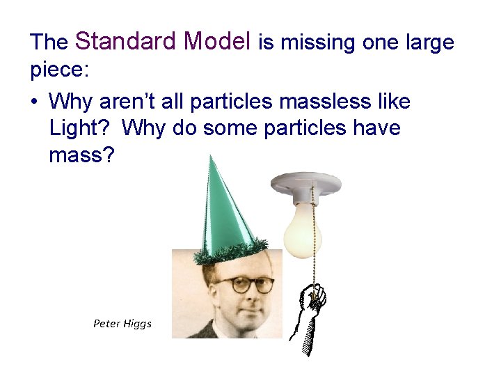 The Standard Model is missing one large piece: • Why aren’t all particles massless