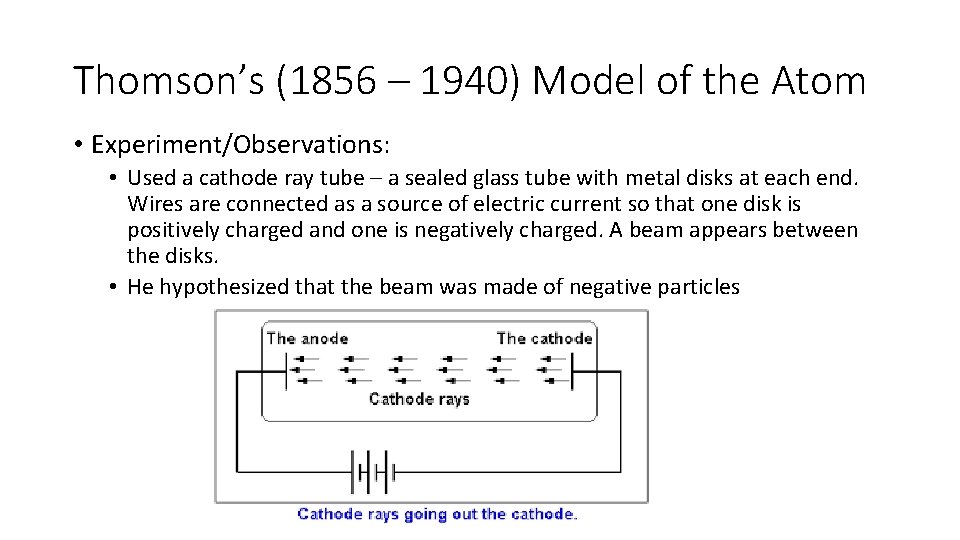 Thomson’s (1856 – 1940) Model of the Atom • Experiment/Observations: • Used a cathode