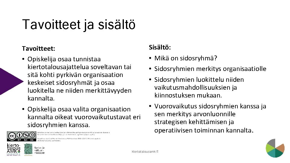 Tavoitteet ja sisältö Tavoitteet: • Opiskelija osaa tunnistaa kiertotalousajattelua soveltavan tai sitä kohti pyrkivän