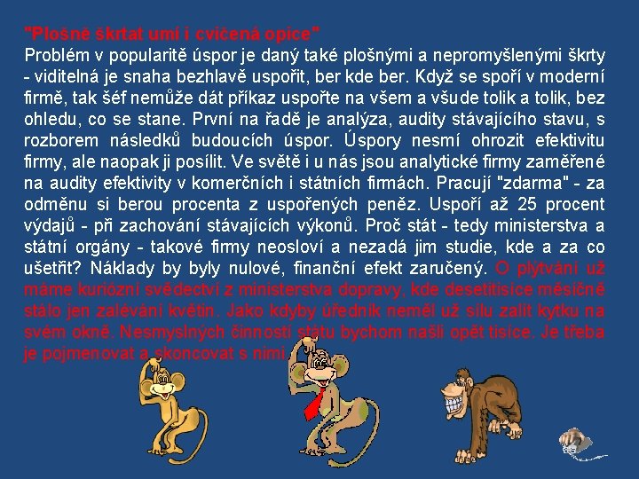 "Plošně škrtat umí i cvičená opice" Problém v popularitě úspor je daný také plošnými