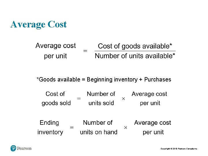 Average Cost *Goods available = Beginning inventory + Purchases Copyright © 2018 Pearson Canada