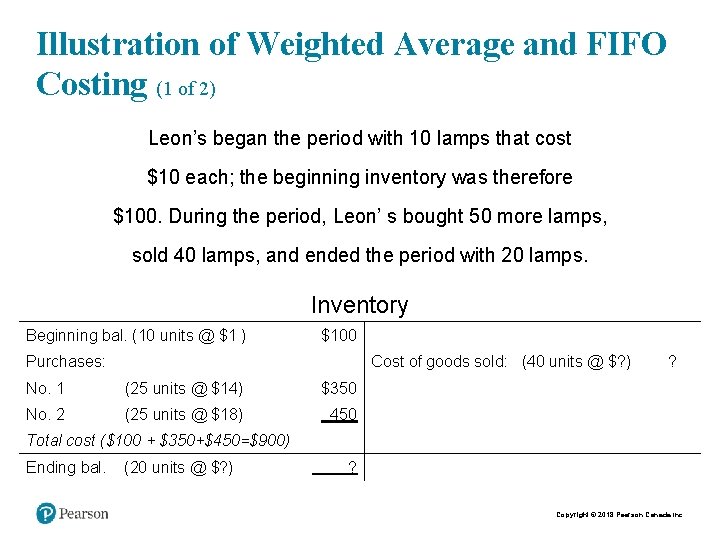 Illustration of Weighted Average and FIFO Costing (1 of 2) Leon’s began the period