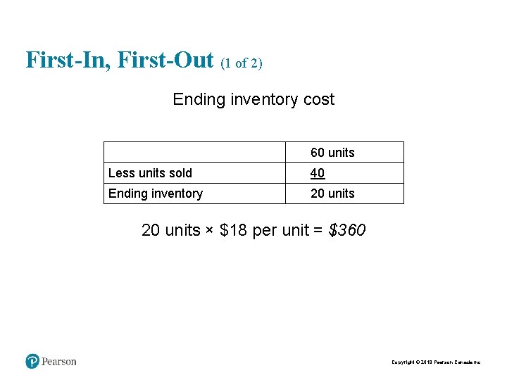 First-In, First-Out (1 of 2) Ending inventory cost 60 units Less units sold 40