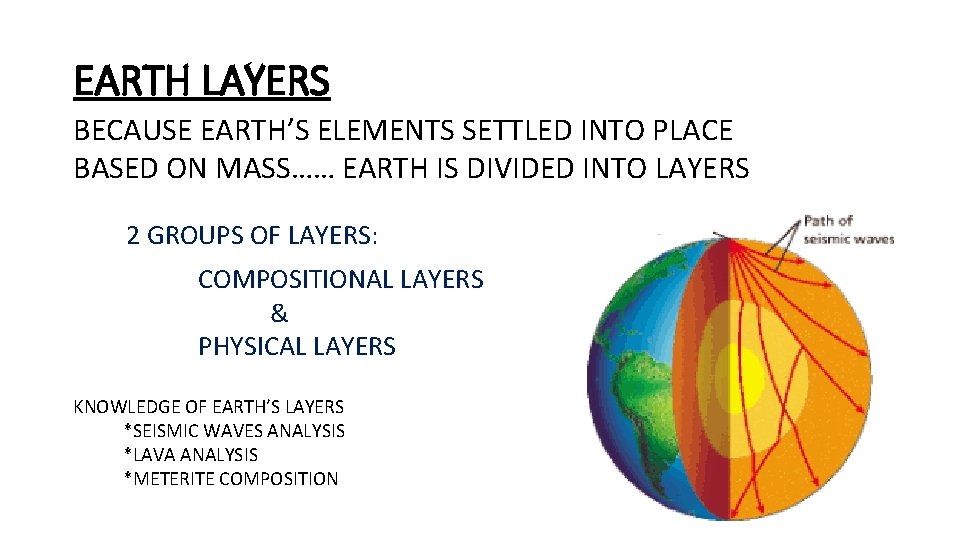 EARTH LAYERS BECAUSE EARTH’S ELEMENTS SETTLED INTO PLACE BASED ON MASS…… EARTH IS DIVIDED