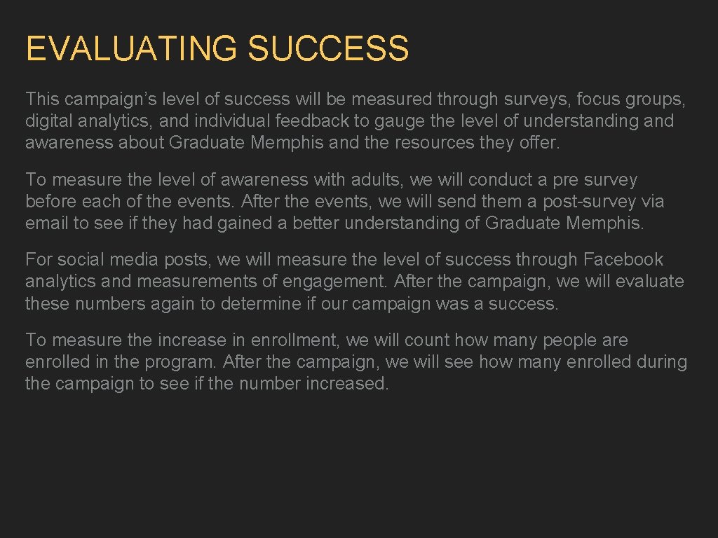 EVALUATING SUCCESS This campaign’s level of success will be measured through surveys, focus groups,