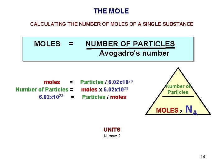 THE MOLE CALCULATING THE NUMBER OF MOLES OF A SINGLE SUBSTANCE MOLES = moles