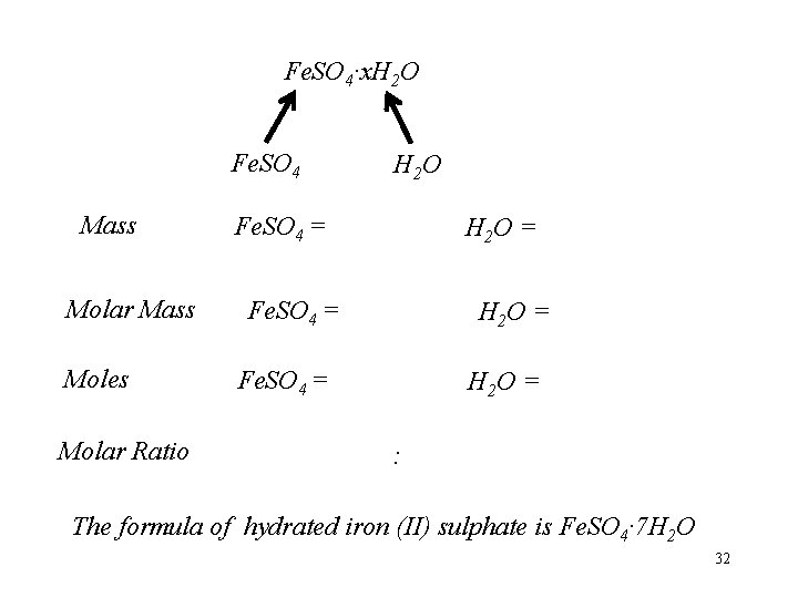 Fe. SO 4·x. H 2 O Fe. SO 4 Mass Molar Mass Moles Molar