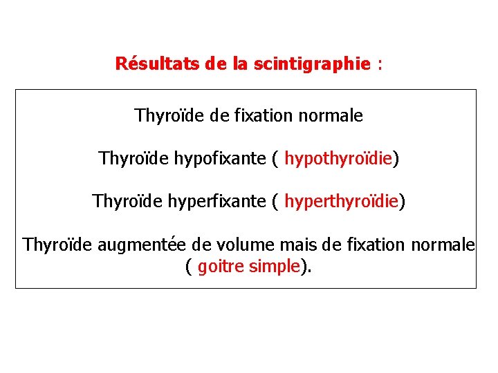 Résultats de la scintigraphie : Thyroïde de fixation normale Thyroïde hypofixante ( hypothyroïdie) Thyroïde