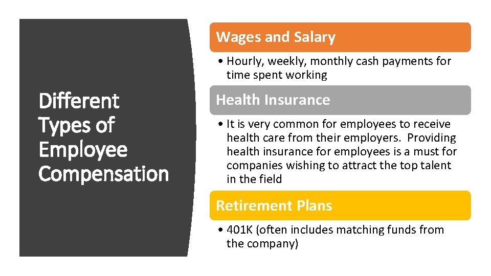 Wages and Salary • Hourly, weekly, monthly cash payments for time spent working Different