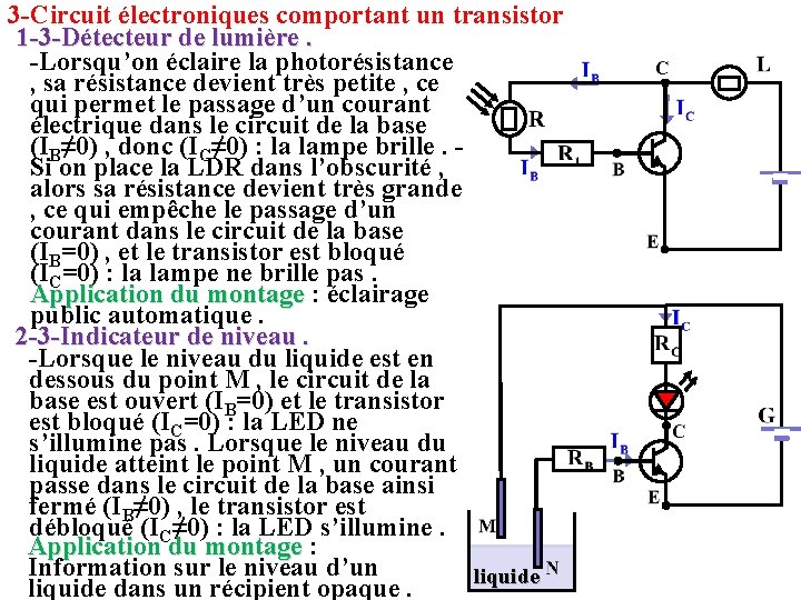 3 -Circuit électroniques comportant un transistor 1 -3 -Détecteur de lumière. -Lorsqu’on éclaire la
