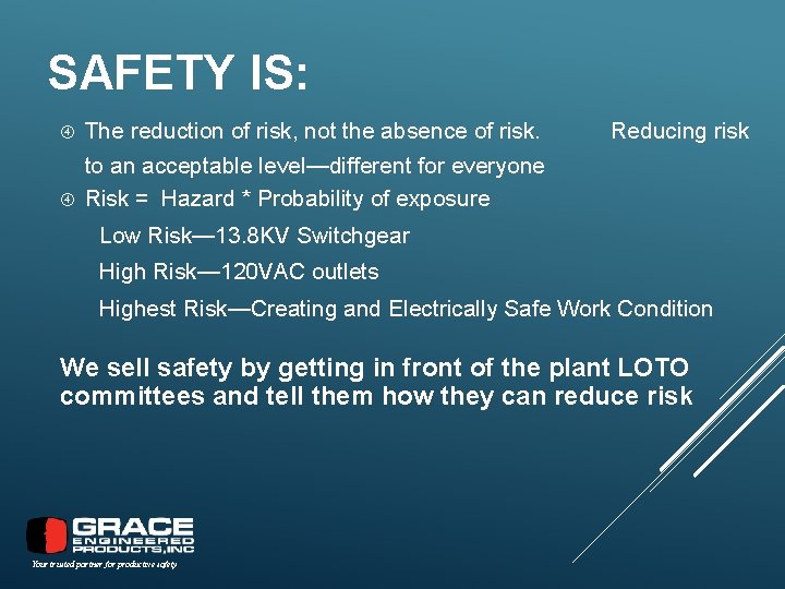 SAFETY IS: The reduction of risk, not the absence of risk. Reducing risk to