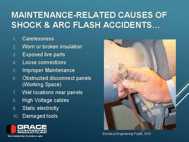 MAINTENANCE-RELATED CAUSES OF SHOCK & ARC FLASH ACCIDENTS… 1. 2. Carelessness Worn or broken