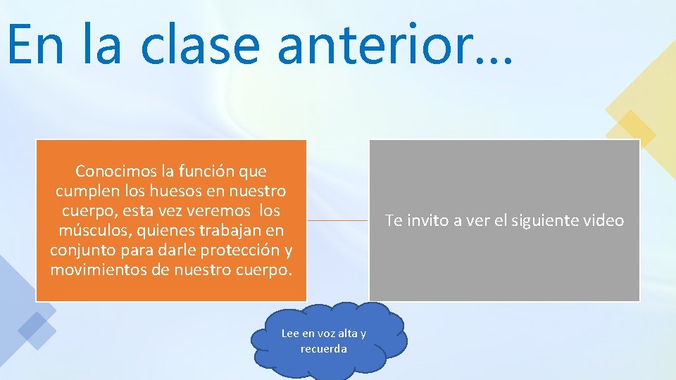 En la clase anterior… Conocimos la función que cumplen los huesos en nuestro cuerpo,