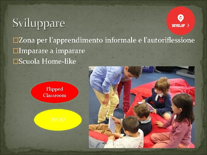 Sviluppare �Zona per l’apprendimento informale e l’autoriflessione �Imparare a imparare �Scuola Home-like Flipped Classroom