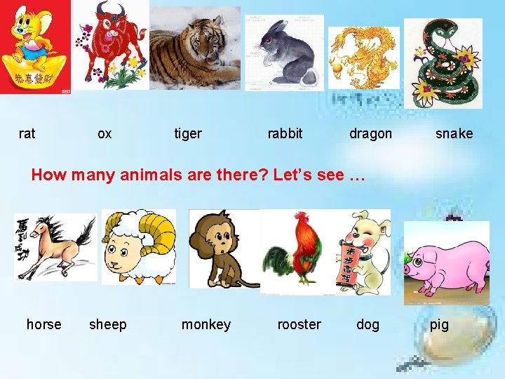 rat ox tiger rabbit dragon snake How many animals are there? Let’s see …