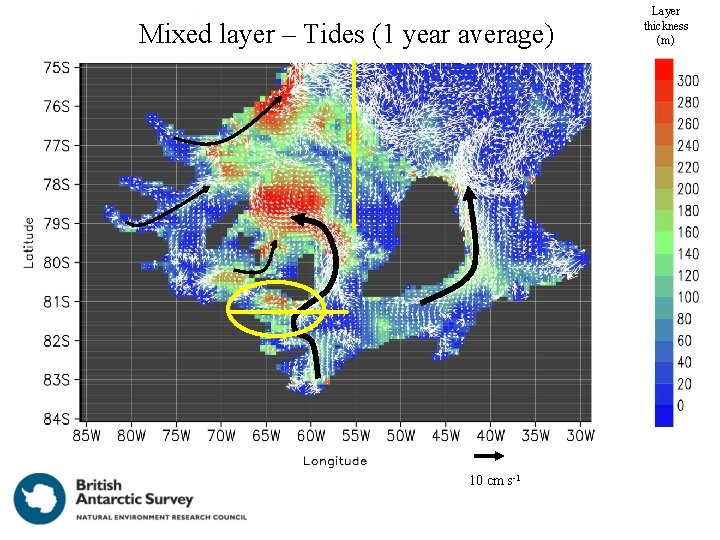 Mixed layer – Tides (1 year average) 10 cm s-1 Layer thickness (m) Mixed layer – Tides (1 year average) 10 cm s-1 Layer thickness (m)