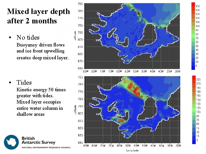 Mixed layer depth after 2 months • No tides Buoyancy driven flows and ice Mixed layer depth after 2 months • No tides Buoyancy driven flows and ice