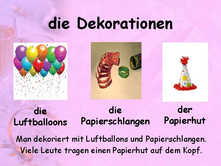 die Dekorationen die Luftballoons die Papierschlangen der Papierhut Man dekoriert mit Luftballons und Papierschlangen.