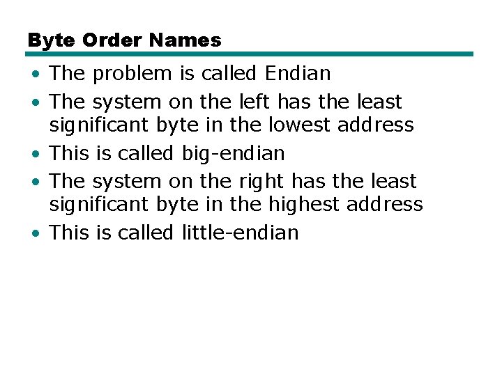 Byte Order Names • The problem is called Endian • The system on the