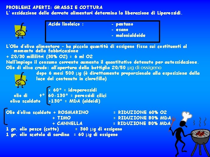 PROBLEMI APERTI: GRASSI E COTTURA L’ ossidazione delle derrate alimentari determina la liberazione di