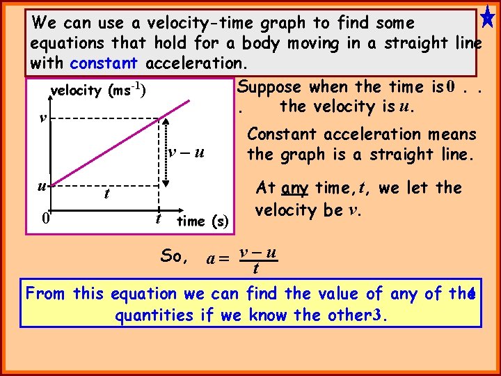 We can use a velocity-time graph to find some equations that hold for a