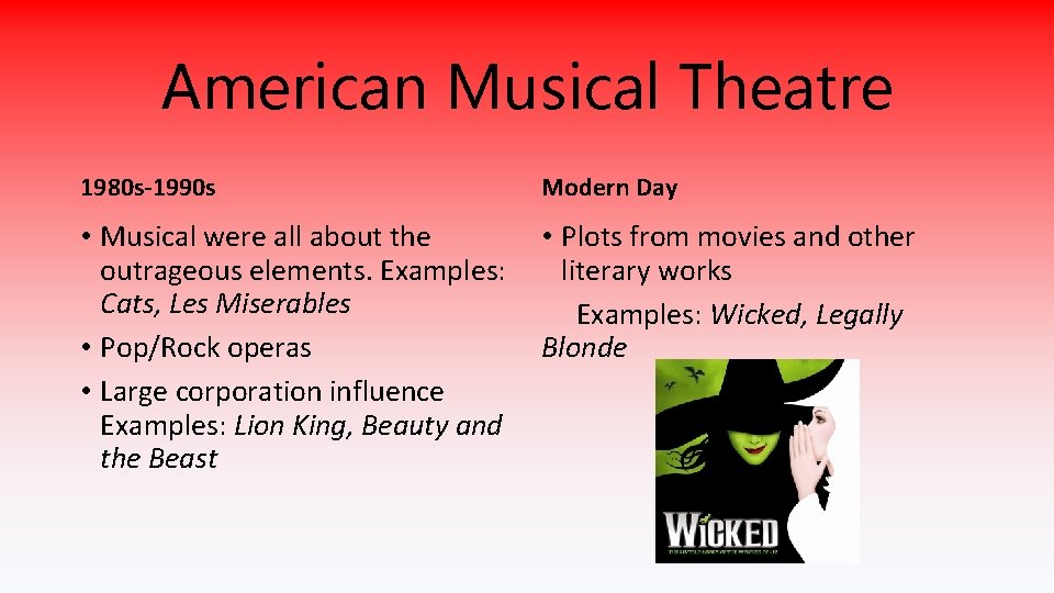 American Musical Theatre 1980 s-1990 s Modern Day • Musical were all about the