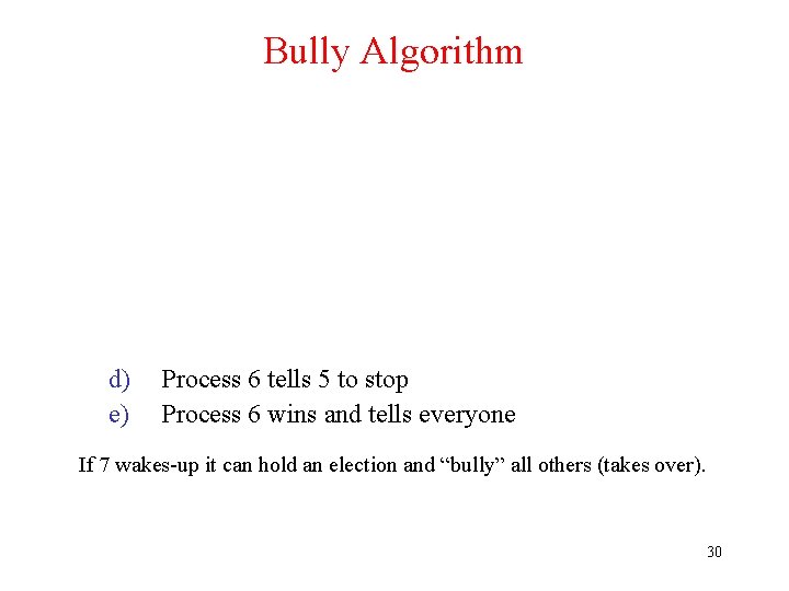 Bully Algorithm d) e) Process 6 tells 5 to stop Process 6 wins and