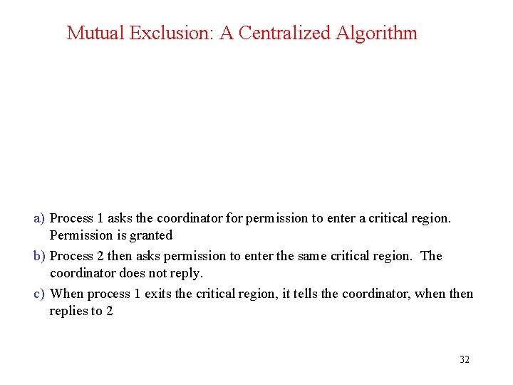 Mutual Exclusion: A Centralized Algorithm a) Process 1 asks the coordinator for permission to