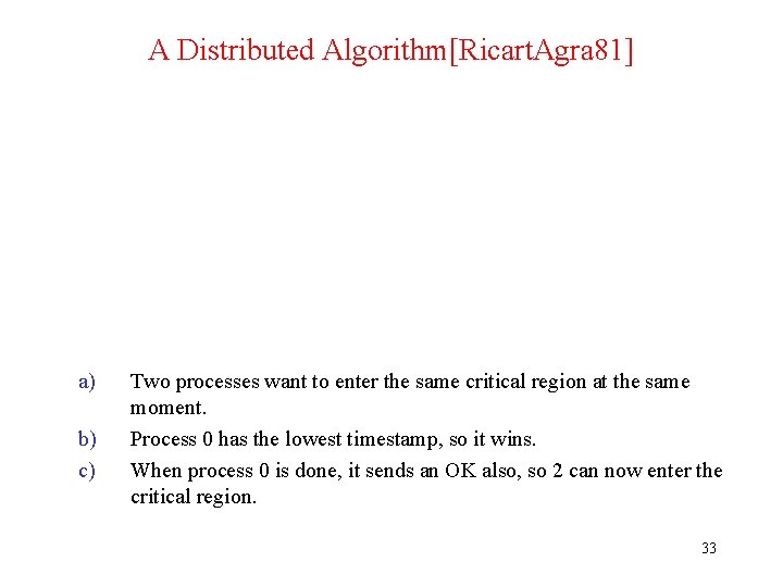 A Distributed Algorithm[Ricart. Agra 81] a) b) c) Two processes want to enter the