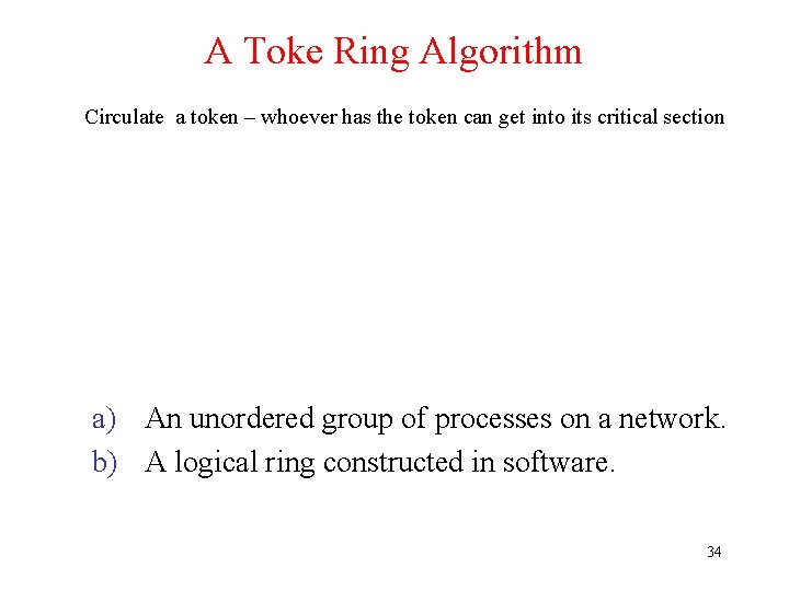 A Toke Ring Algorithm Circulate a token – whoever has the token can get