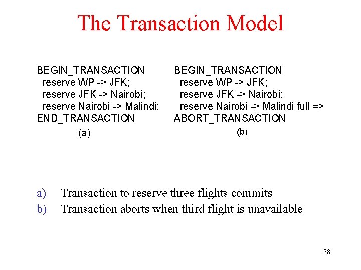 The Transaction Model BEGIN_TRANSACTION reserve WP -> JFK; reserve JFK -> Nairobi; reserve Nairobi