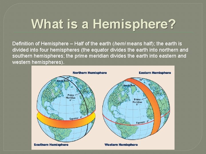 What is a Hemisphere? Definition of Hemisphere – Half of the earth (hemi means