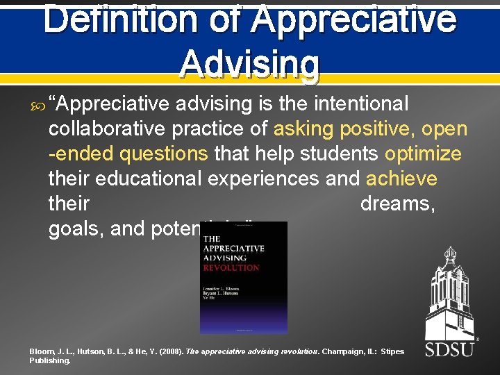 Definition of Appreciative Advising “Appreciative advising is the intentional collaborative practice of asking positive,