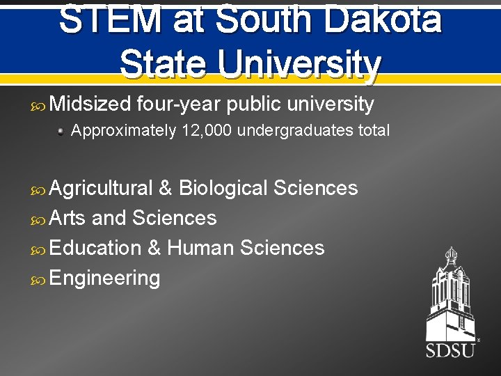 STEM at South Dakota State University Midsized four-year public university Approximately 12, 000 undergraduates