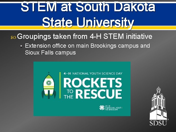 STEM at South Dakota State University Groupings taken from 4 -H STEM initiative Extension