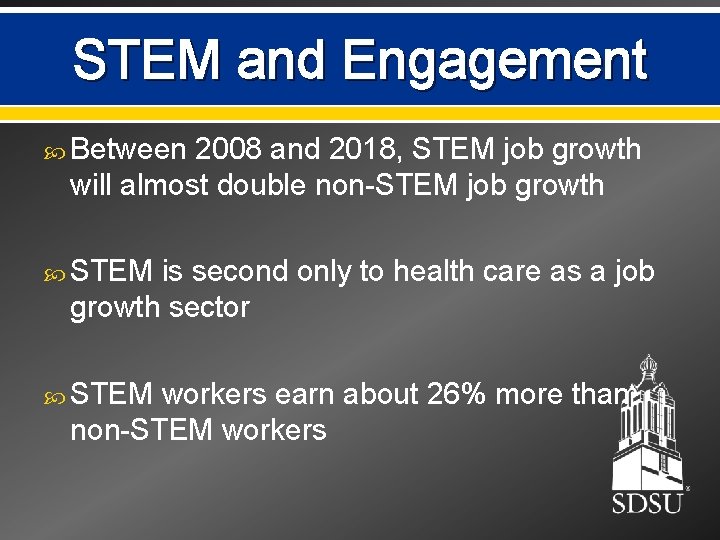 STEM and Engagement Between 2008 and 2018, STEM job growth will almost double non-STEM