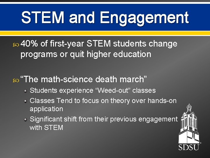 STEM and Engagement 40% of first-year STEM students change programs or quit higher education