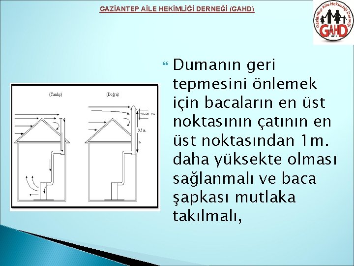 GAZİANTEP AİLE HEKİMLİĞİ DERNEĞİ (GAHD) Dumanın geri tepmesini önlemek için bacaların en üst noktasının