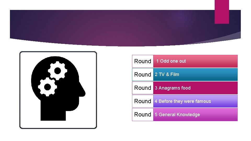 Round 1 Odd one out Round 2 TV & Film Round 3 Anagrams food