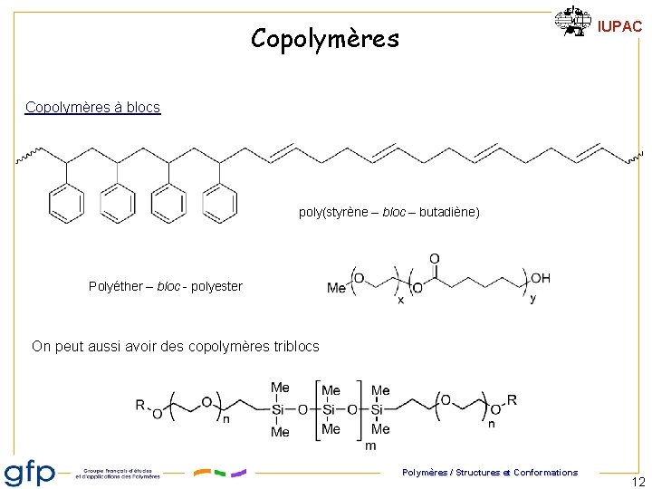 IUPAC Copolymères à blocs poly(styrène – bloc – butadiène) Polyéther – bloc - polyester IUPAC Copolymères à blocs poly(styrène – bloc – butadiène) Polyéther – bloc - polyester