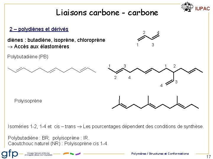 IUPAC Liaisons carbone - carbone 2 – polydiènes et dérivés 2 diènes : butadiène, IUPAC Liaisons carbone - carbone 2 – polydiènes et dérivés 2 diènes : butadiène,