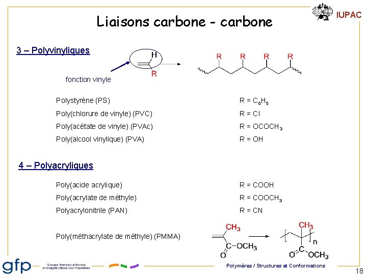 Liaisons carbone - carbone IUPAC 3 – Polyvinyliques fonction vinyle Polystyrène (PS) R = Liaisons carbone - carbone IUPAC 3 – Polyvinyliques fonction vinyle Polystyrène (PS) R =