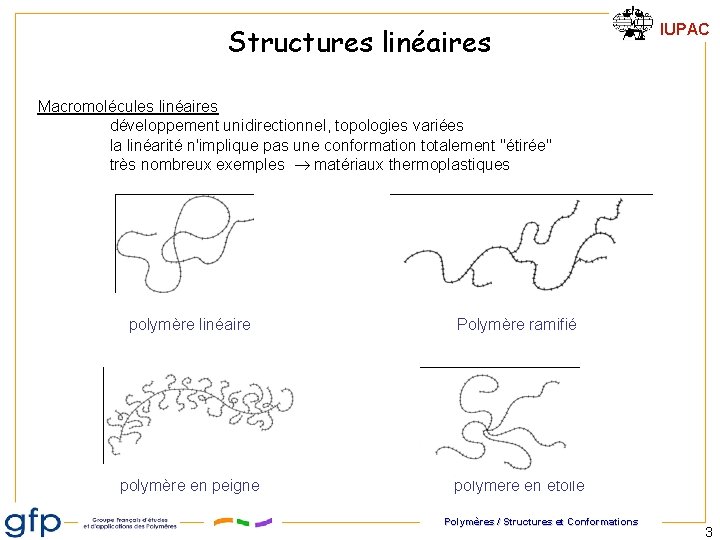 Structures linéaires IUPAC Macromolécules linéaires développement unidirectionnel, topologies variées la linéarité n'implique pas une Structures linéaires IUPAC Macromolécules linéaires développement unidirectionnel, topologies variées la linéarité n'implique pas une