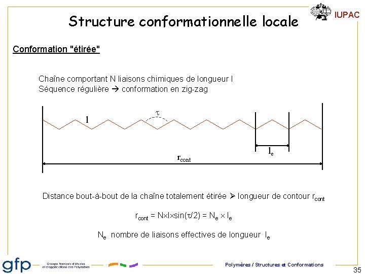 Structure conformationnelle locale IUPAC Conformation "étirée" Chaîne comportant N liaisons chimiques de longueur l Structure conformationnelle locale IUPAC Conformation "étirée" Chaîne comportant N liaisons chimiques de longueur l