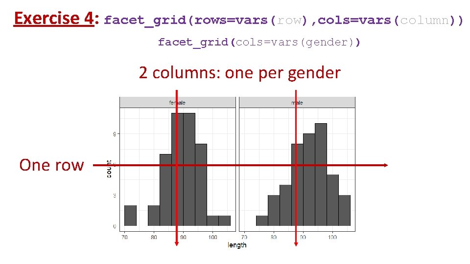 Exercise 4: facet_grid(rows=vars(row), cols=vars(column)) facet_grid(cols=vars(gender)) 2 columns: one per gender One row 