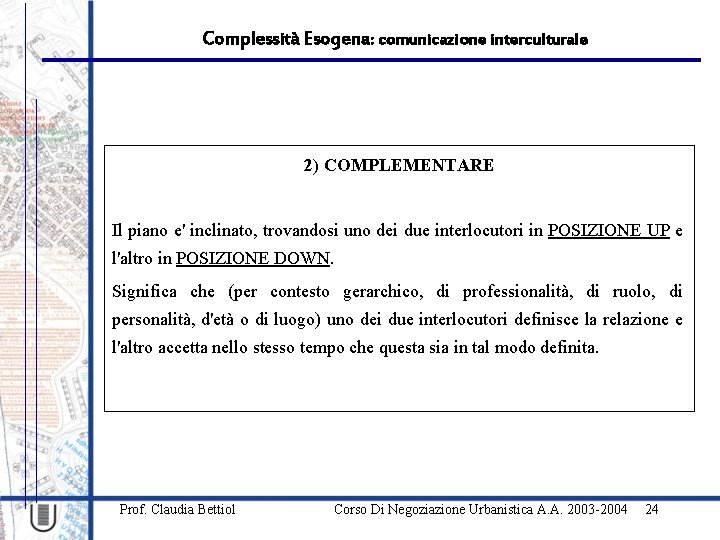 Complessità Esogena: comunicazione interculturale 2) COMPLEMENTARE Il piano e' inclinato, trovandosi uno dei due