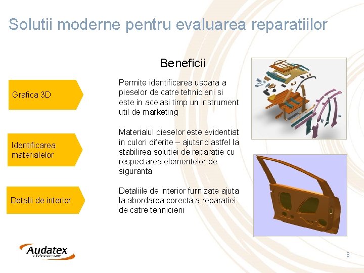 Solutii moderne pentru evaluarea reparatiilor Beneficii Grafica 3 D Permite identificarea usoara a pieselor