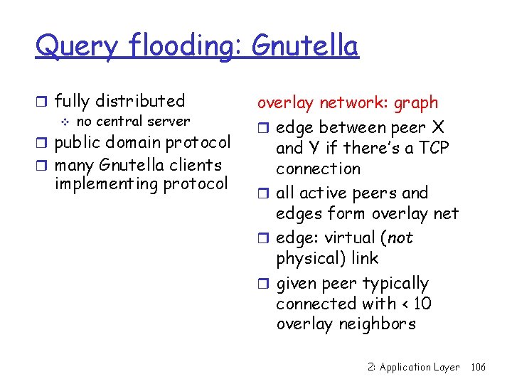 Query flooding: Gnutella r fully distributed v no central server r public domain protocol