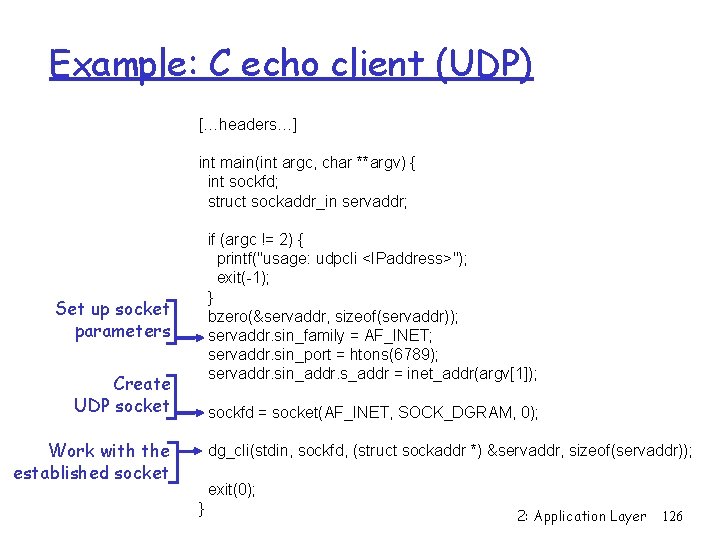 Example: C echo client (UDP) […headers…] int main(int argc, char **argv) { int sockfd;